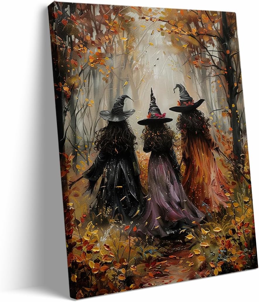 Vintage Three Witches In The Forest Painting Witch Print Witchy Canvas Print Halloween Wall Art Halloween Decor Witch Poster Dark Academia Gothic Room Decor for Dorm Bedroom 12x16in Frame wall art