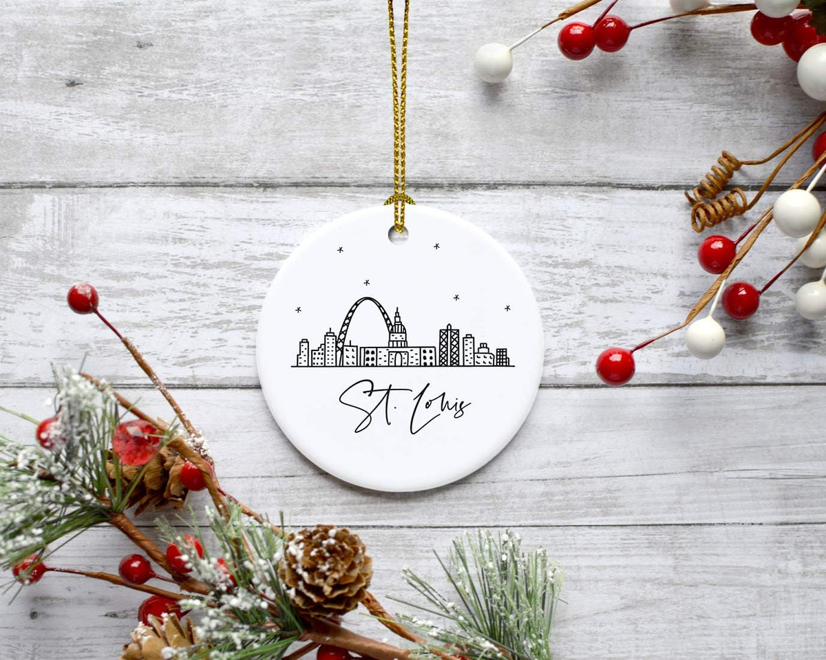 Andaz Press Round Ceramic Porcelain Christmas Tree Ornament, St. Louis, Black and White Stars City Skyline, 1-Pack, Birthday Ideas Coworker, Includes Box St Louis Ornament St Louis Christmas Ornament