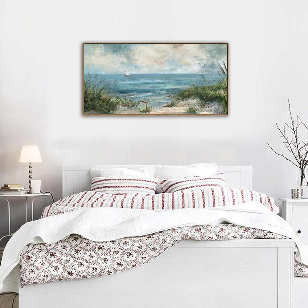 Sea Beach Framed Canvas Wall Art Vintage Seascape Canvas Prints Wall Decor Ocean Sailboat Seagull Canvas Pictures Beach Bird Reed Canvas Painting Artwork Living Room Bedroom Decoration 29" X 58"