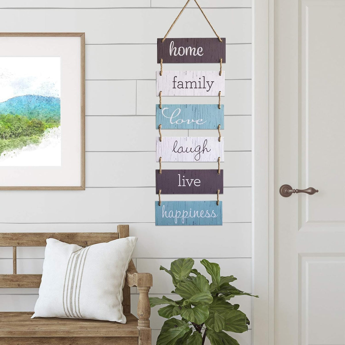EXCELLO GLOBAL PRODUCTS Large Hanging Wall Sign: Rustic Wooden Decor (Home, Family, Love, Laugh, Live, Happiness) Hanging Wood Wall Decoration (11.75" x 32")
