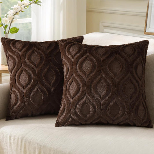 decorUhome Throw Pillow Covers 18x18 Inch Set of 2, Soft Plush Decorative Faux Fur Dark Brown Solid Couch Pillow Covers, Accent Farmhouse Neutral Square Euro Pillow Cases for Sofa Bed Living Room
