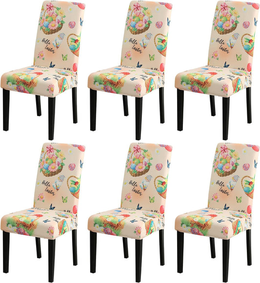 JQinHome Easter Chair Covers Set of 6,High Stretch Removable Washable Chair Seat Protector Cover for Easter Decoration-Easter Theme Decor with Easter Egg Basket