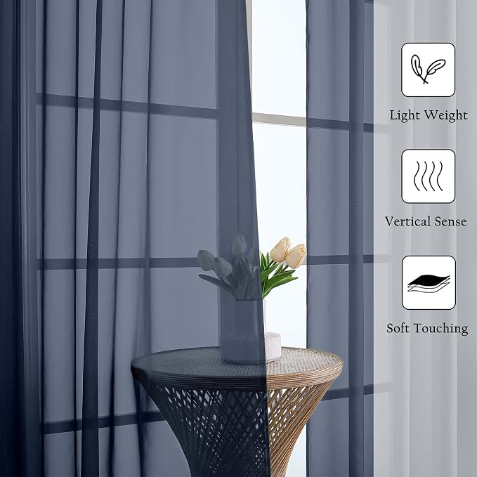 Navy Blue Sheer Curtains 63 Inch Length 2 Panels, Rod Pockets Window Treatments - Image 6