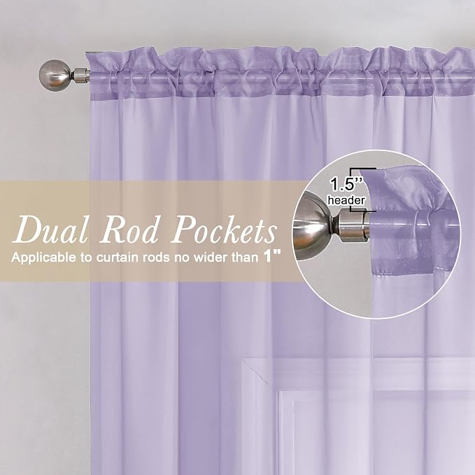 Light Purple Sheer Curtains 84 Inches Long 2 Panels, Double Rod Pocket Window - Image 2