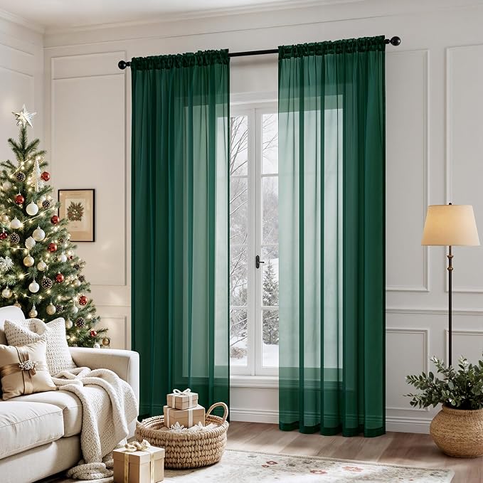 MIULEE Hunter Green Sheer Curtains 54 X 96 Inches, 2 Panels | Solid Color - Image 2