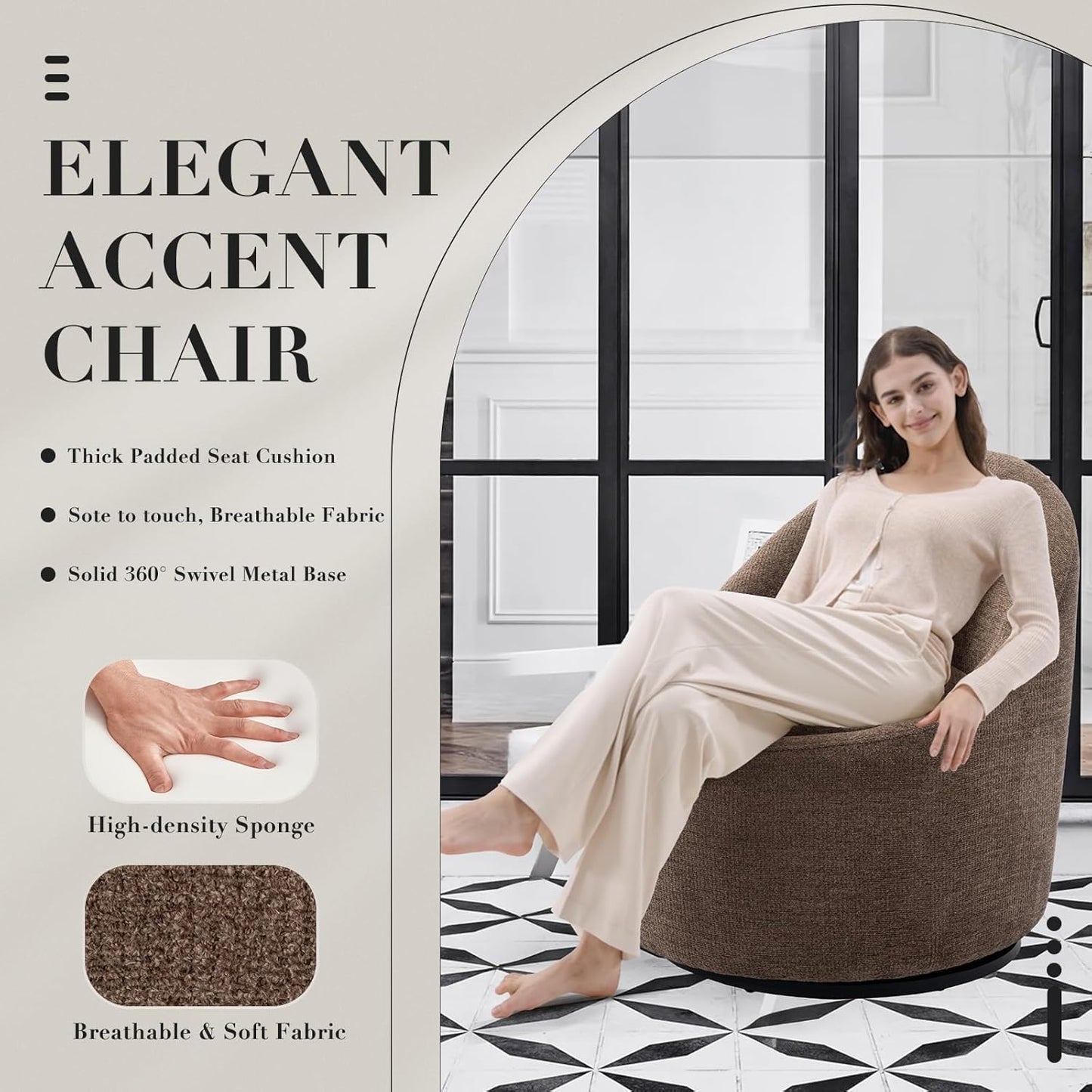 COLAMY Swivel Accent Chair, 360° Swivel Chair with Hidden Storage, Modern Small Barrel Swivel Armchair for Living Room/Bedroom, Brown