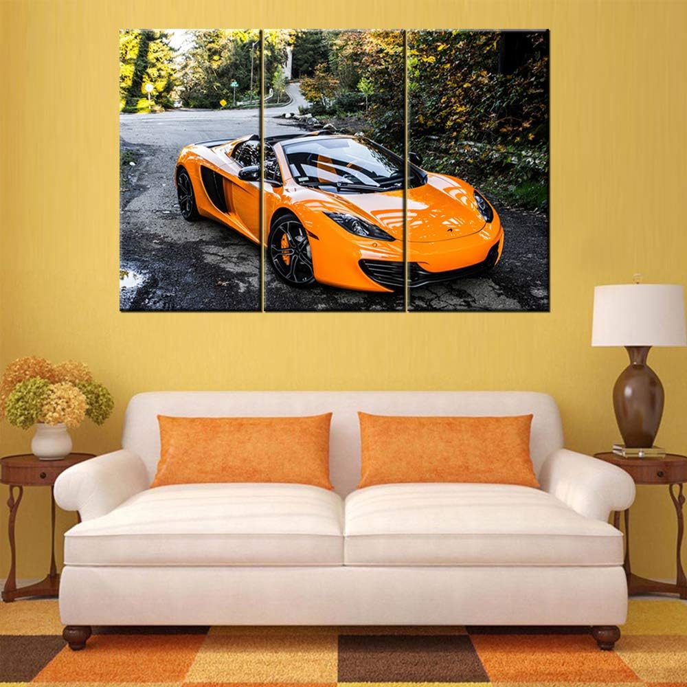 TUMOVO 3 Pieces Orange Sports Car Wall Art Picture Home Decoration Living Room Canvas Print Painting Wall Picture on Canvas with Frame Ready to Hang - 28 x 14inch x 3 Panel