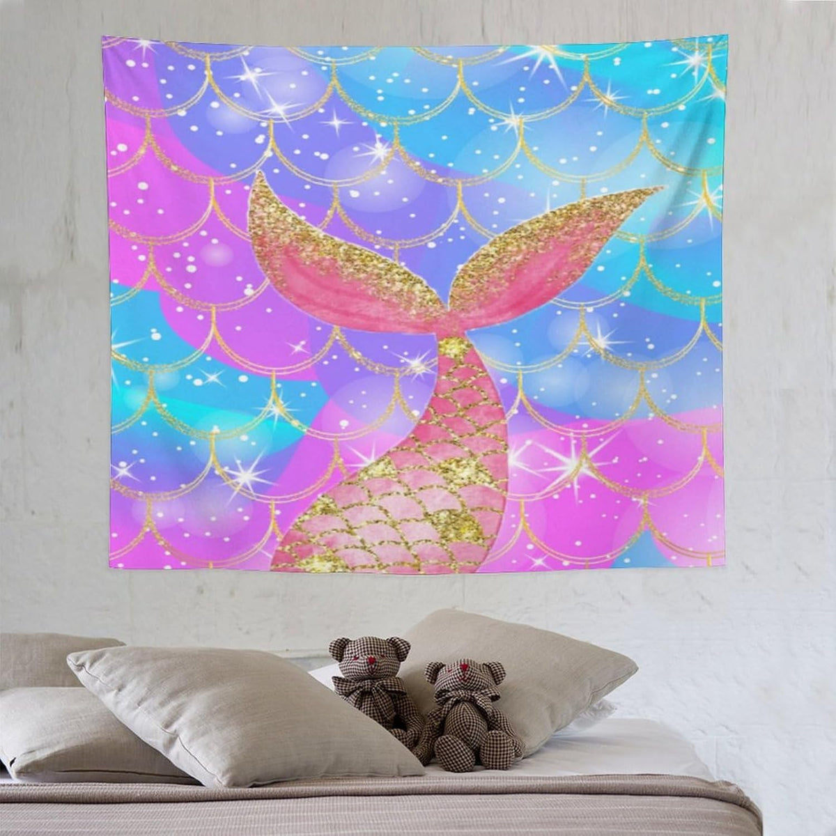 HZOHNAGO Mermaid Scales Tapestry Colorful Shiny Scales Mermaid Tail Pattern Printed Wall Tapestry Wall Hanging for Bedroom Living Room Dorm 60" W x 50" H