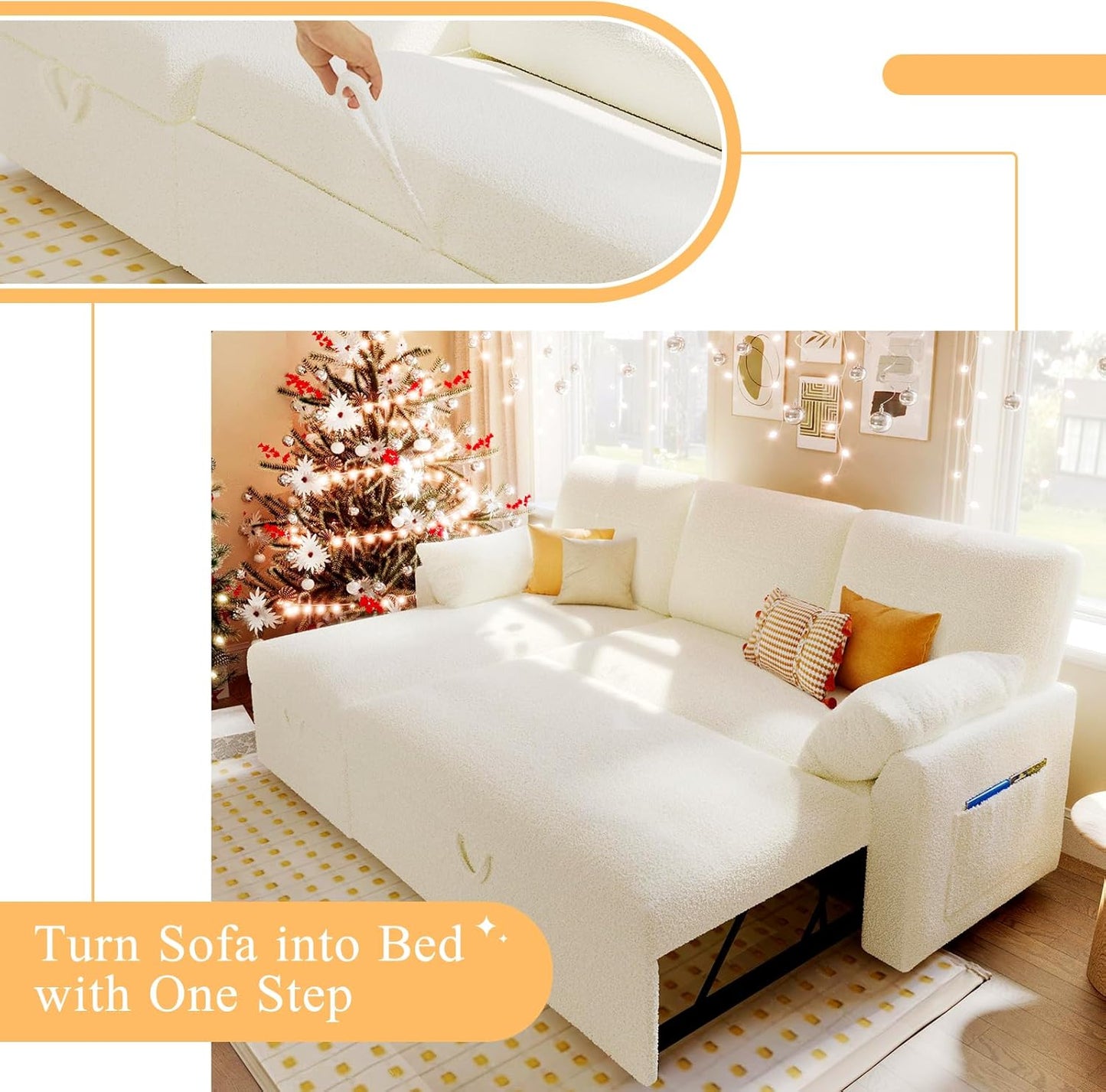 VanAcc Sofa Bed, Sleeper Sofa- 2 in 1 Pull Out Couch Bed with Storage Chaise for Living Room, White Sherpa 84in x 59in x 39in