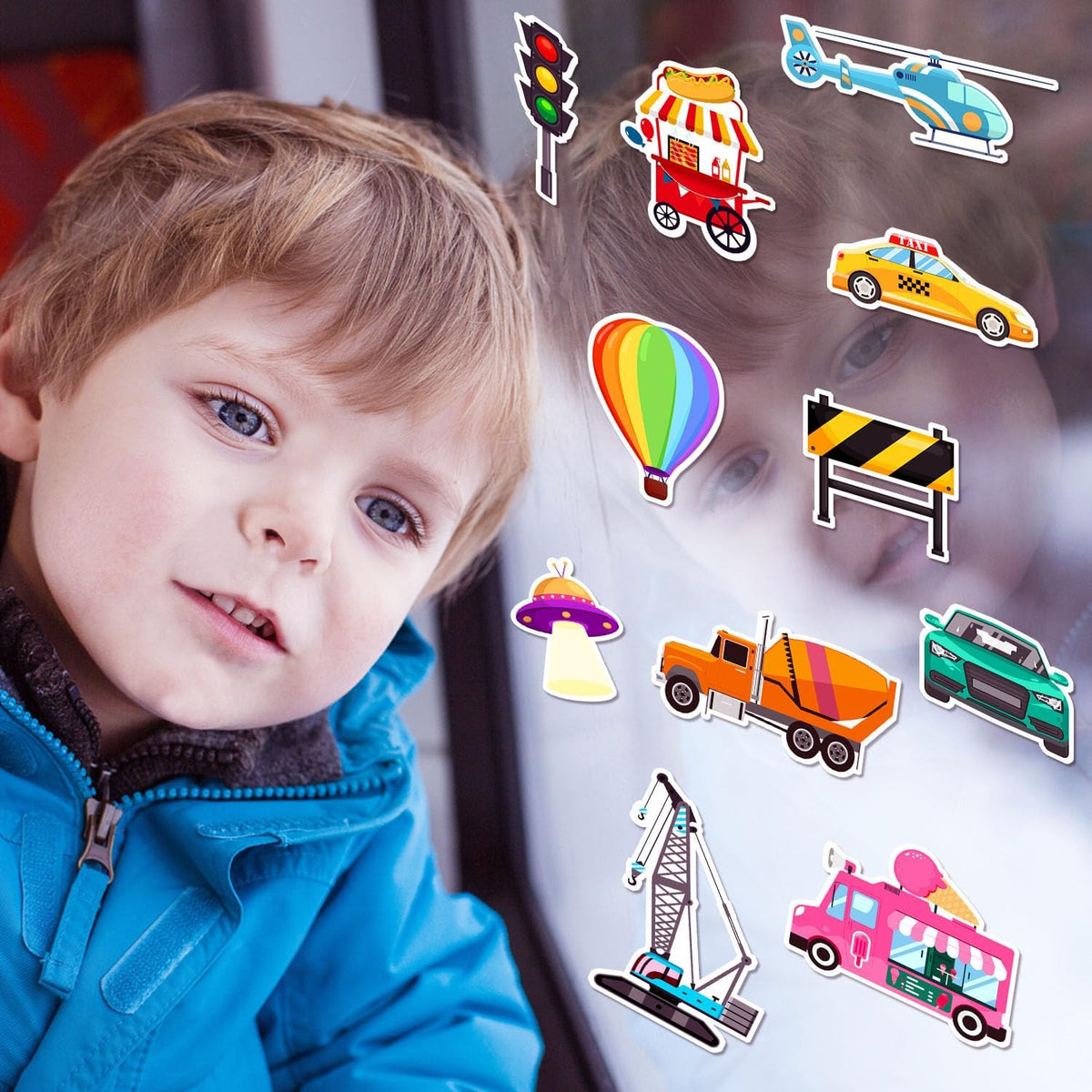 Window Clings Stickers for Kids Window Gel Clings Decals Thick Gel Clings Toddlers and Adults Classroom Home Nursery Airplane Birthday Party Supplies (City Transportation)