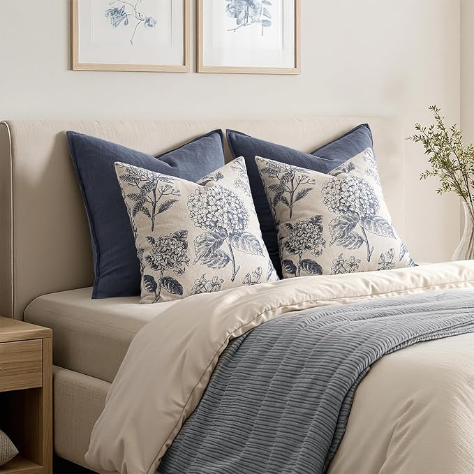 Set of 2 Decorative Floral Pillow Covers 22x22 Inch Light Blue | Neutral - Image 6