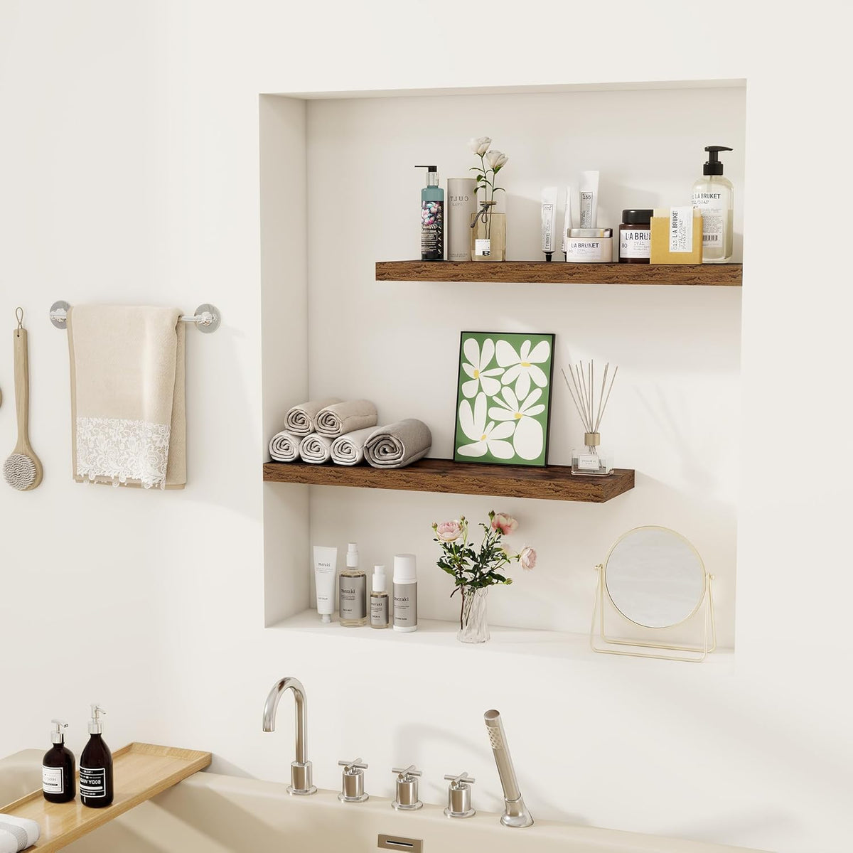 Fun Memories Floating Shelves for Wall, 22.5" Rustic Wood Deep Wall Mounted Shelves with Invisible Brackets for Decor & Storage, Floating Shelf for Living Room, Bathroom (Rustic Brown, Set of 2)