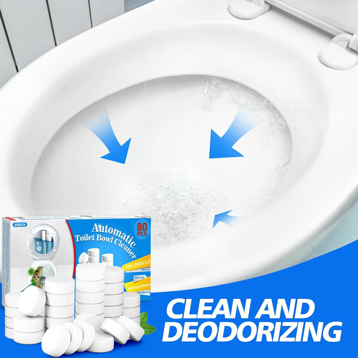 USKICH Toilet Bowl Cleaner - 80 PACK, Household Automatic Toilet Bowl Cleaners with Bleach, Bathroom Toilet Tank Cleaners Tablets with Sustained-Release Technology for Against Tough Stains
