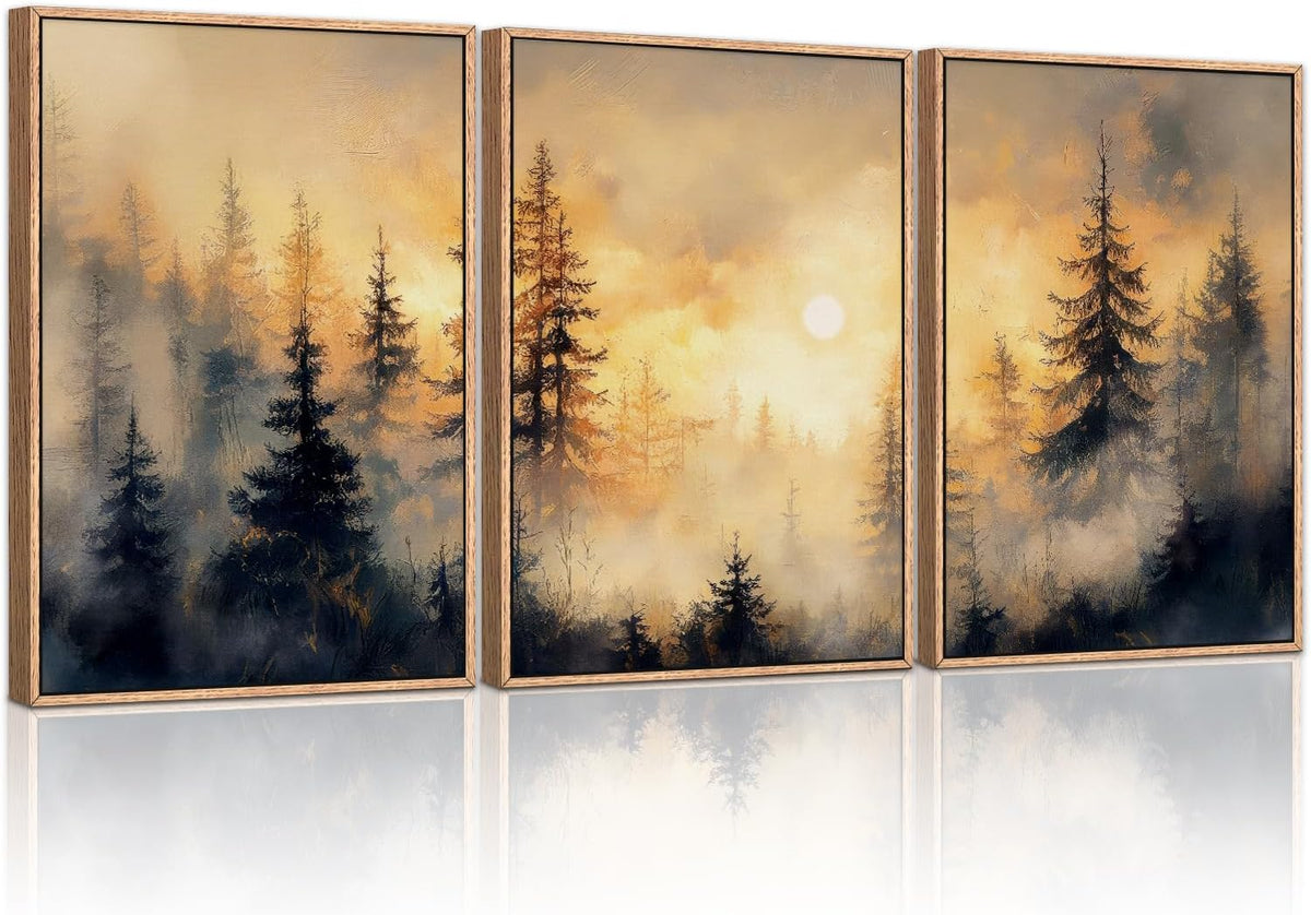 HLNIUC Golden Sunshine Forest Framed Canvas Wall Art,Foggy Forest Pine Tree Wall Decor,Large Sunset Landscape Art Print,Natural Misty Mountain Forest Wall Painting for Living Room,Bedroom - 16”x24”x3