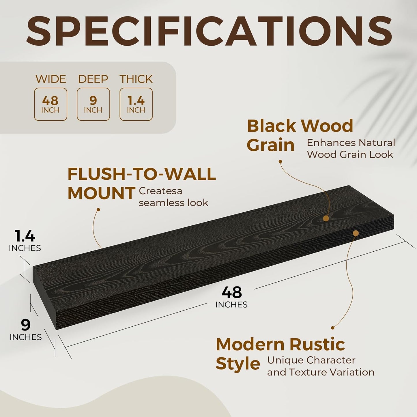 48 inch Floating Shelves for Wall Large Wall Mounted Shelves with Invisible Brackets, Black Long Shelves for Bathroom, Living Room, Kitchen, Office, 48x9.1 inch deep Set of 2