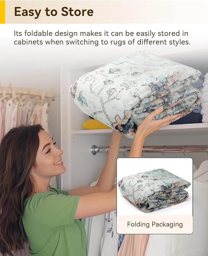 RELEANY Washable Area Rug, Square 7'x7', Teal Green/White/Navy | Non-Slip - Image 4