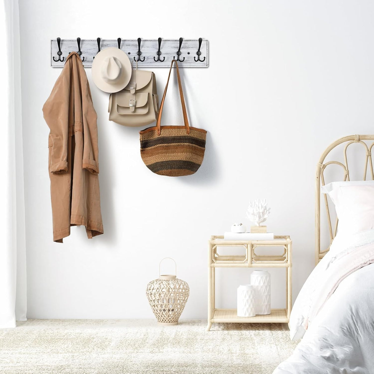 Coat Rack Wall Mount, Wooden Heavy Duty Coat Rack for Wall,8 Triple Coat Hanger Hooks for Hanging Coats,Jacket,Hat,Clothes (Grey White, 8 Hooks)