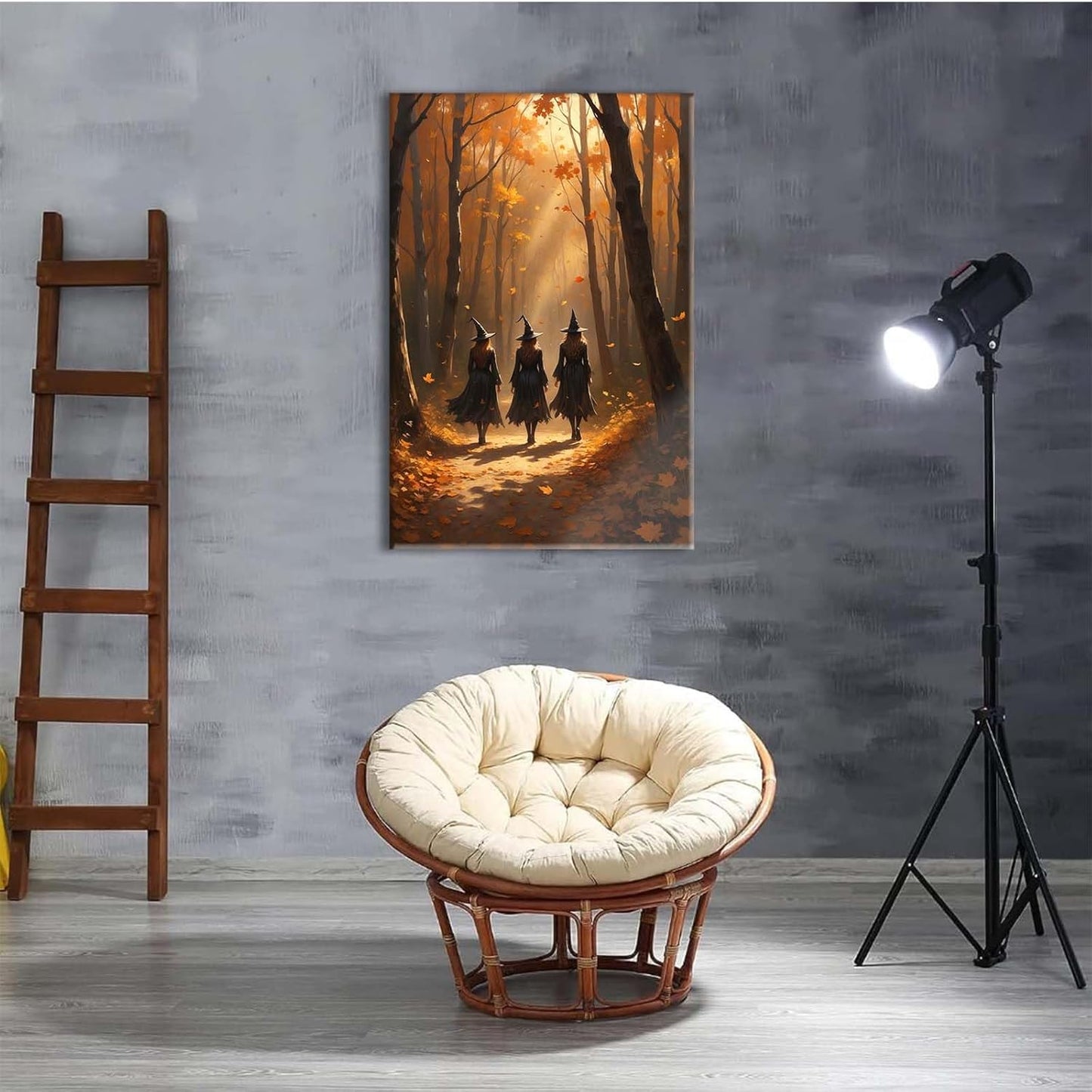 JFHCQJPK Three witches walking in the forest in autumn canvas painting gothic poster halloween print country witch wall art for home decoration12x16in Frameless