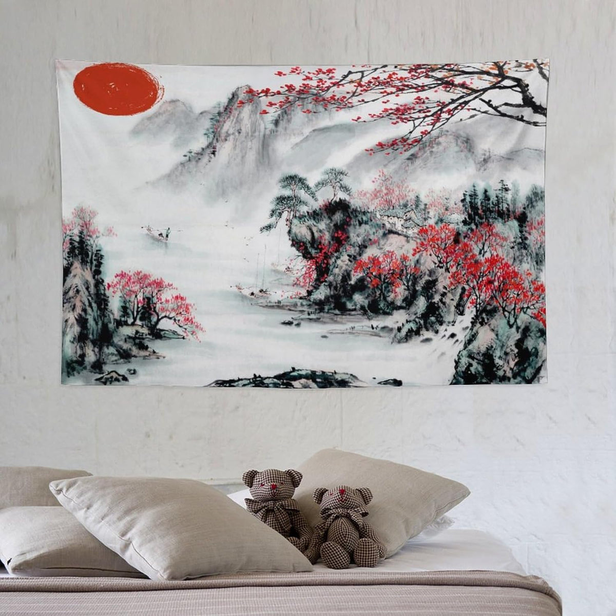 Cherry Blossoms Tapestry,Japanese Red Landscape Asian Watercolor Abstract Art Tapestry, Asian Japanese Wall Tapestry, Nature Landscape Tapestries for Bedroom Living Room Decor 60"x40"