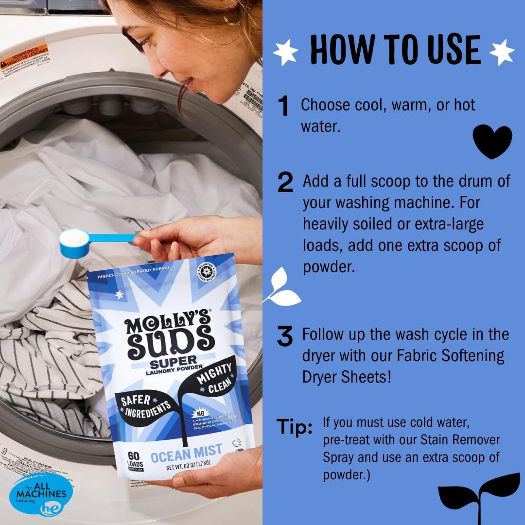 Molly's Suds Super Powder Detergent | Extra Strength Laundry Soap, Stain Fighting | Sensitive Skin | Simple, Effective Ingredients | Ocean Mist, 120 Loads Total (2 Pack)