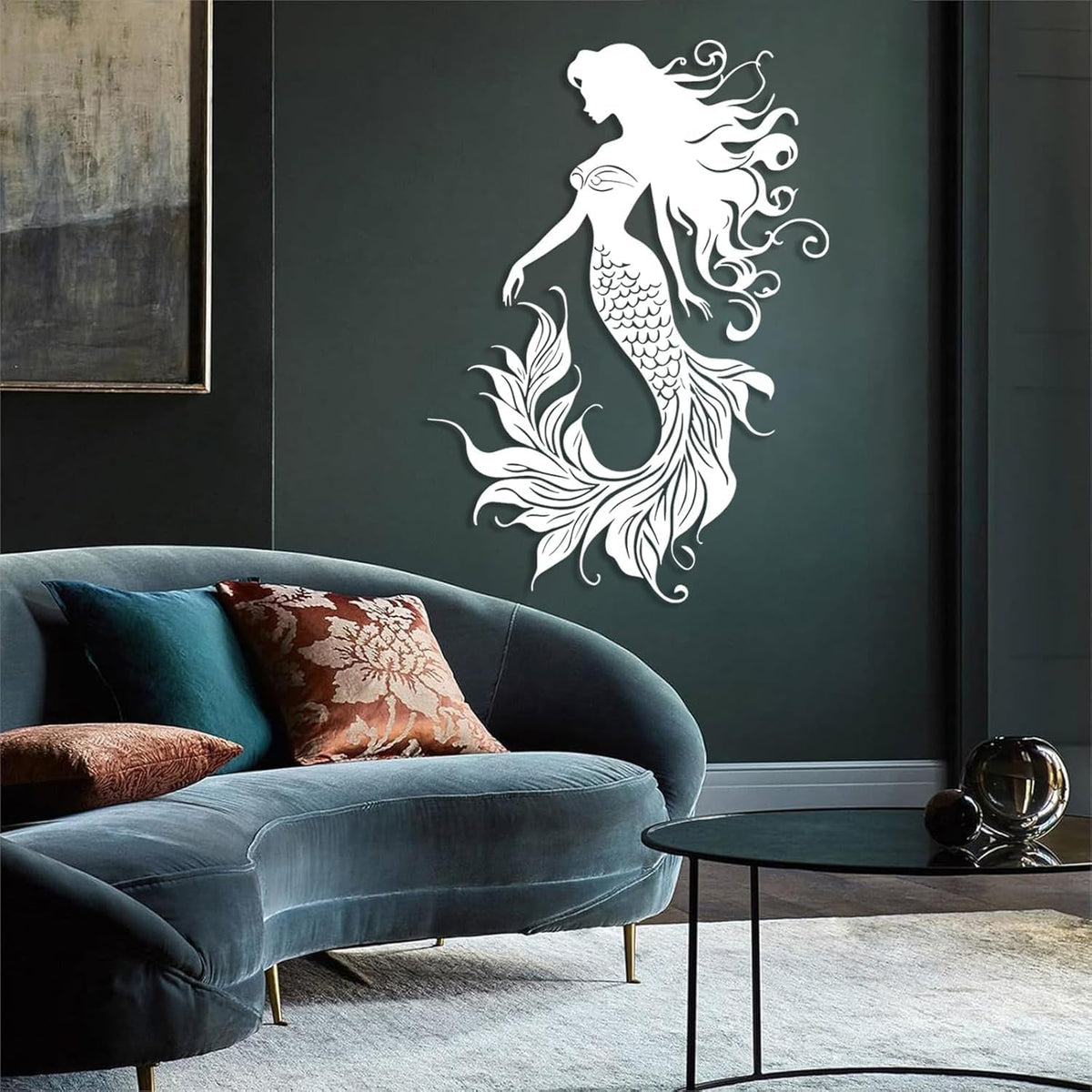 Veplsur Mermaid Metal Wall Art, Metal Mermaid Wall Decor, Marine Biology Wall Decor, Ocean Wall Art, Nautical Wall Hanging, Beach Hanging for Bathroom Bedroom (White, 19"x13"|47x33cm)