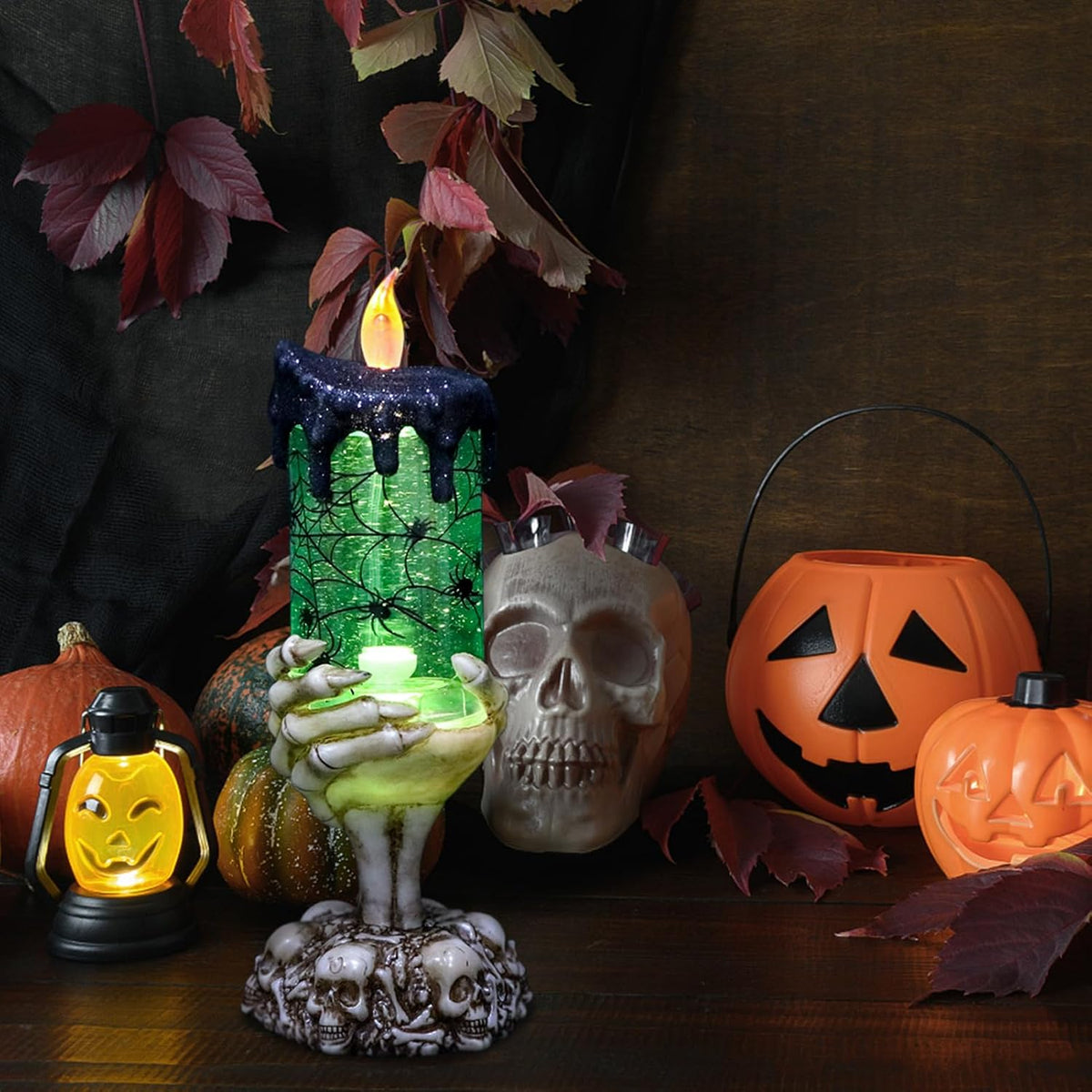 Eldnacele Halloween Snow Globe Candles Lighted Lamp USB Powered Battery Operated Spooky Spinning Water Glittering Tornado Flameless Candles Skeleton Hand Holder Halloween Centerpiece Decor(Spider)