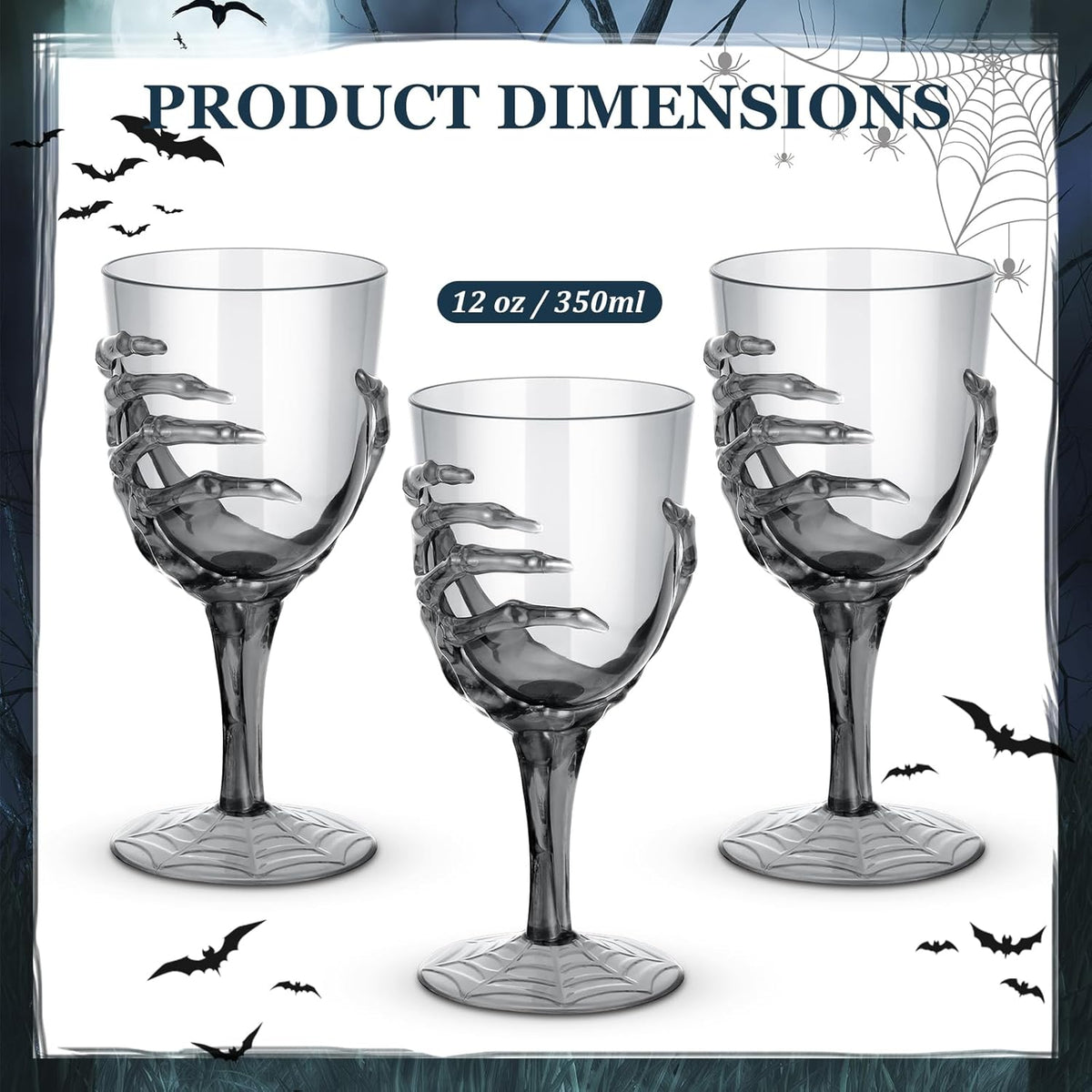 Dandat 12 Pcs Halloween Skeleton Hand Goblets 12oz Clear Plastic Halloween Cups Skull Wine Glass Set for Creepy Spooky Party Decorations (Black)