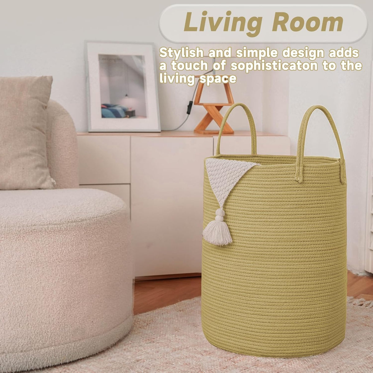 Large Woven Laundry Basket Hamper,60L Cotton Rope Storage Bin for Blankets,Toys and Clothes,Decorative Tall Nursery Hamper for Living Room,Baby Nursery,Bathroom and Bedroom,Jute