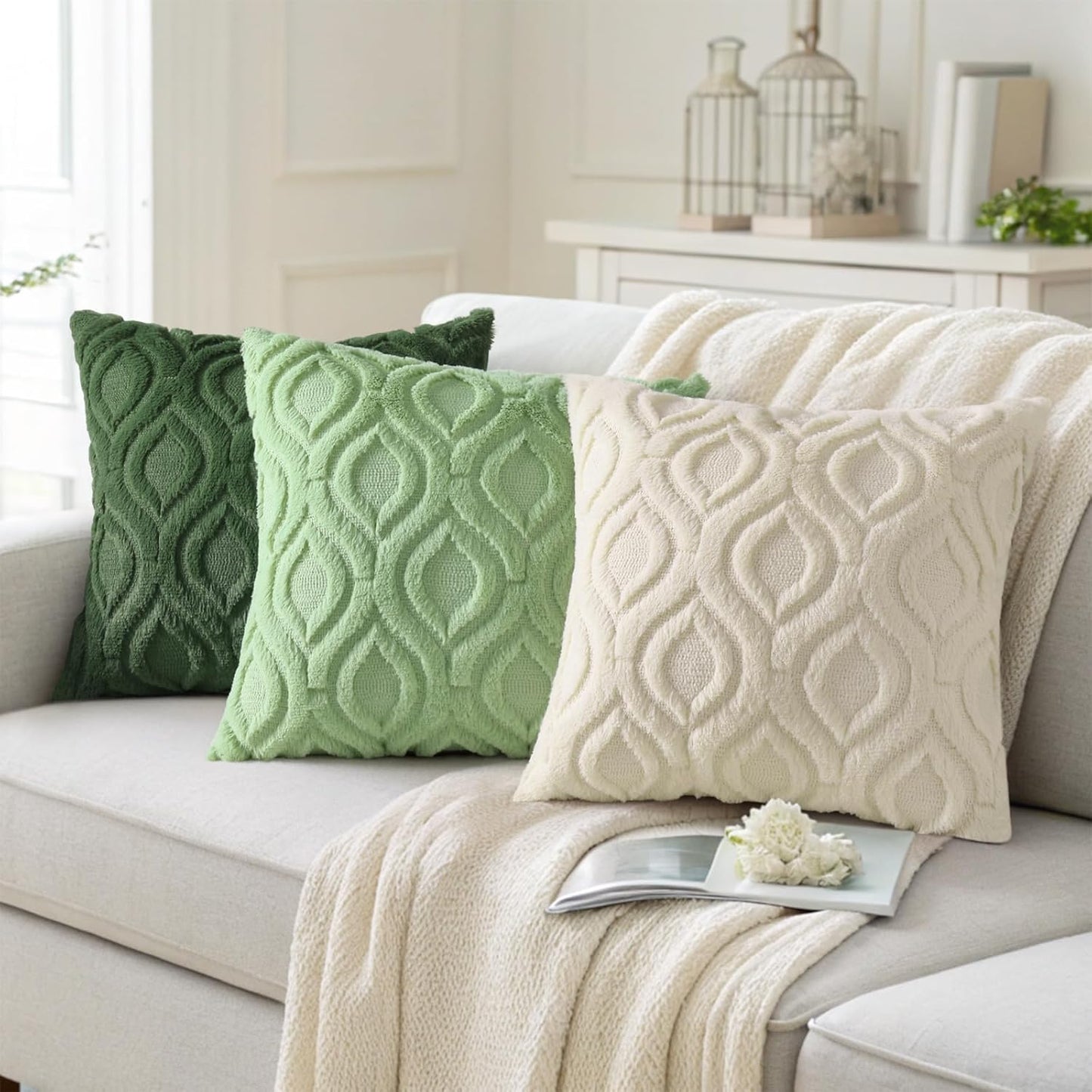 decorUhome Throw Pillow Covers 24x24 Inch Set of 2, Soft Plush Decorative Faux Fur Sage Green Solid Couch Pillow Covers, Accent Farmhouse Neutral Square Euro Pillow Cases for Sofa Bed Living Room
