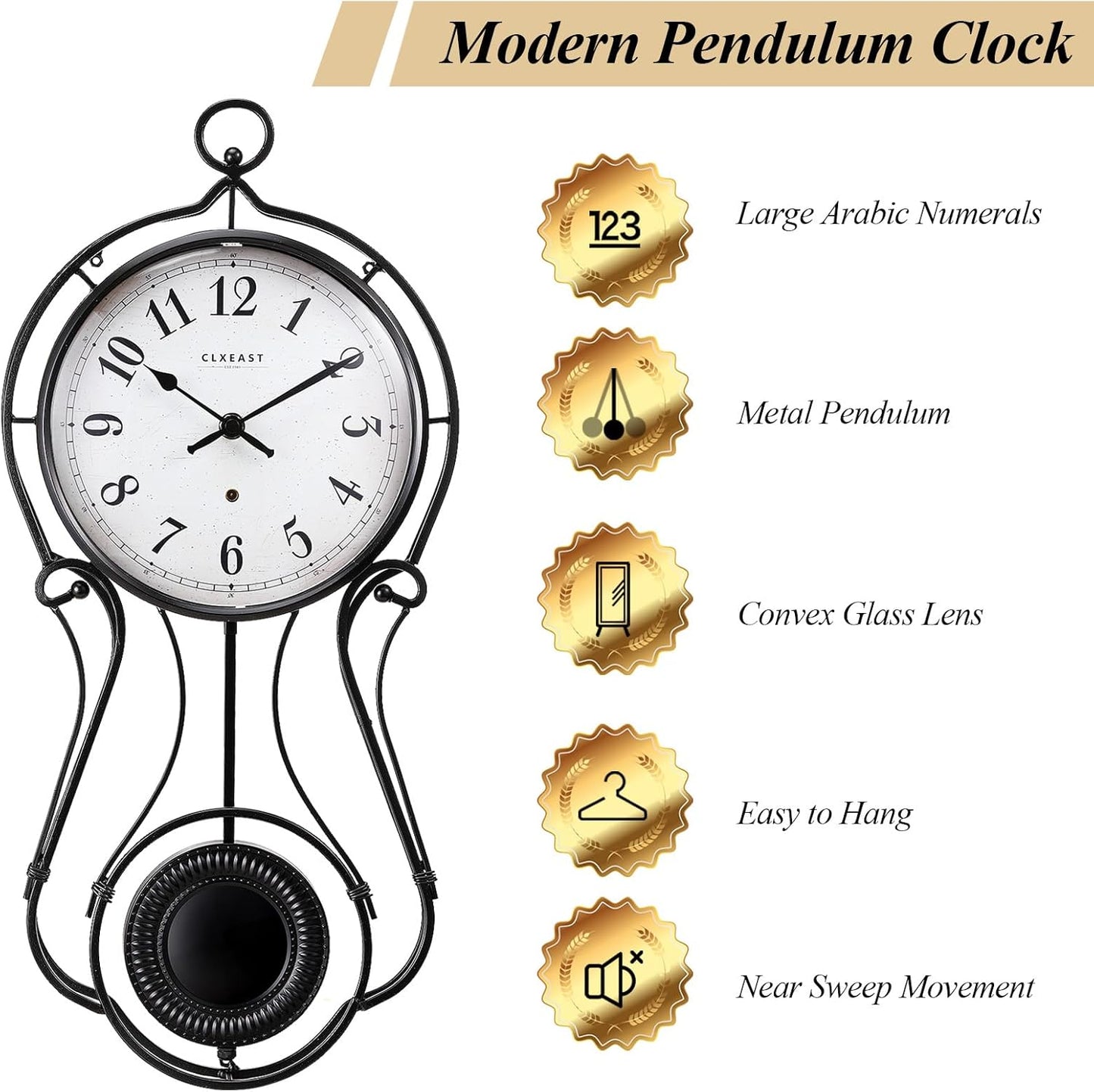 CLXEAST 20 Inch Black Metal Pendulum Wall Clock, Large Schoolhouse Regulator Wall Clocks for Living Room Decor,House Warming Gifts New Home,Gifts for Women