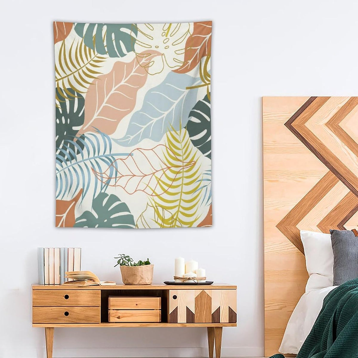 ICMOLYYENLO Boho Green Leaves Tapestry, Mid Century Abstract Tropical Palm Leaves Modern Minimalist Geometric Wall Hanging, Neutral Home Decor Art for Living Room Bedroom Dorm 60x60 Inch