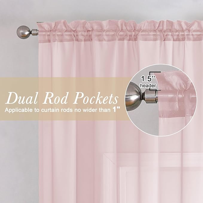 Blush Pink Sheer Curtains 63 Inch Length 2 Panels Set, Rod Pockets Voile - Image 3