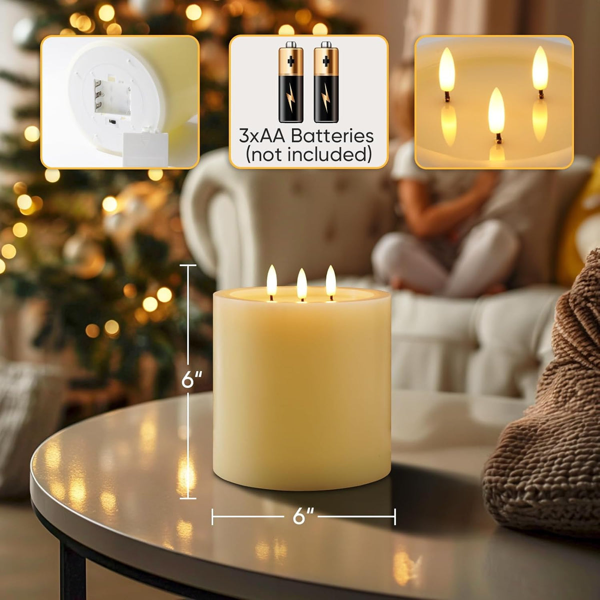 Amagic 3 Wicks Extra Large Flameless Candles, Battery Operated Candles with Remote Control and Timers, 6-inch Diameter LED Pillar Candles, Real Wax, Liquid Effect, Ivory, 6"x6"