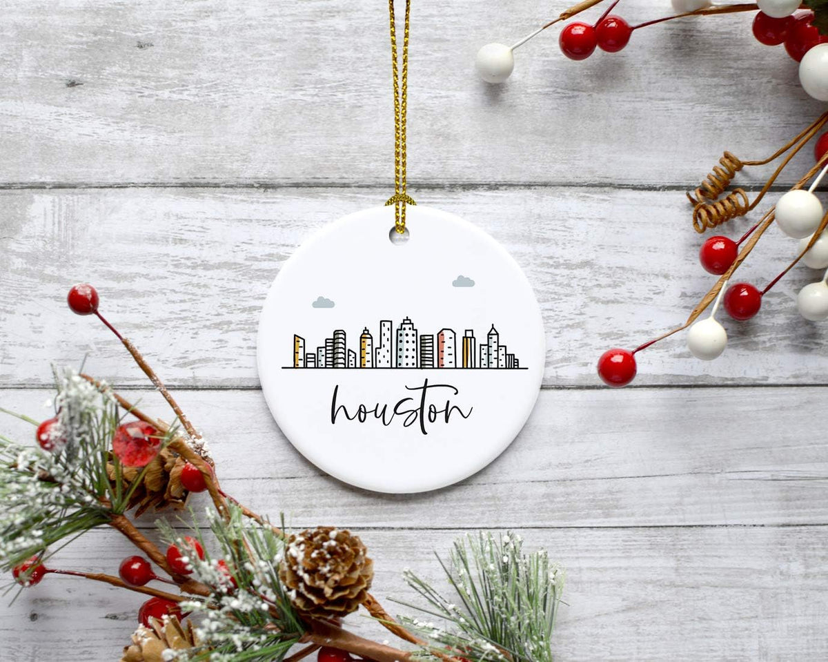 Andaz Press Round Ceramic Porcelain Christmas Tree Ornament Keepsake, Houston Colorful City Skyline Graphic, 1-Pack, Birthday Gift Ideas Family Coworker Him Her, Includes Gift Box