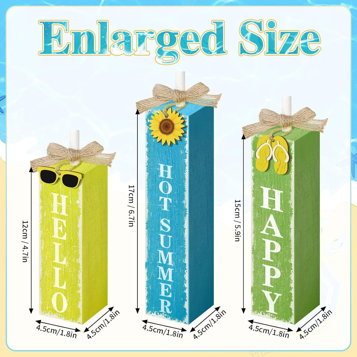 3 PCs Wooden Tiered Tray Decor Hello Happy Hot Summer Rustic Table Decor Block Signs for Beach Island Home Office Decorations (Summer-1)