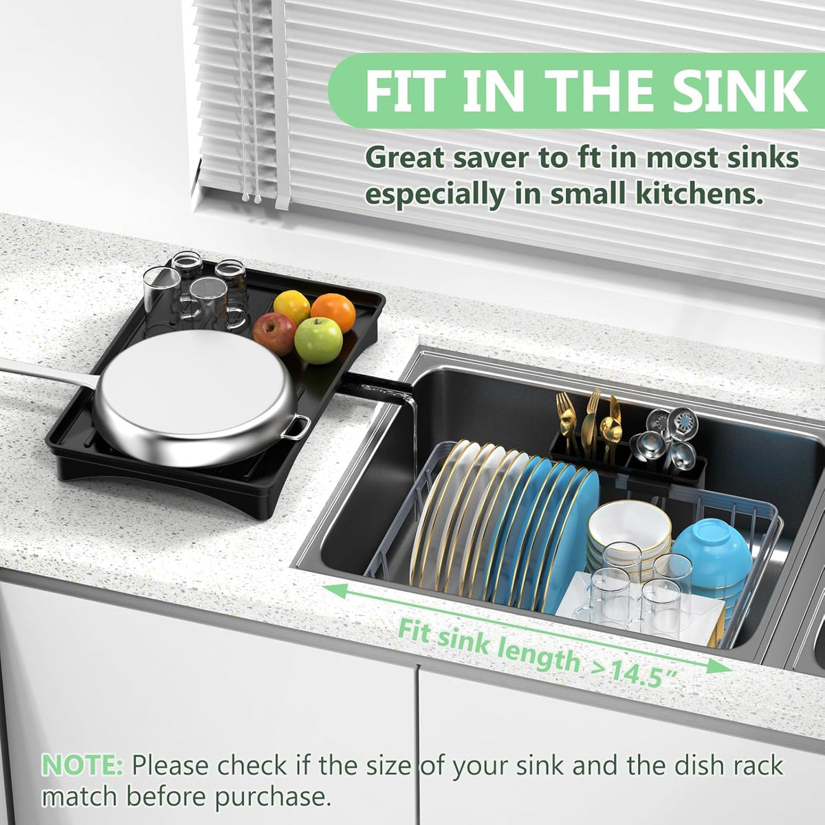 LEMIKKLE Expandable Dish Drying Rack- Space-Saving Dish Rack, Dish Drainers for Kitchen Counter with a Cutlery Holder, Over The Sink Dish Racks Fit for 14’’-19’’ Kitchen Sink Grey