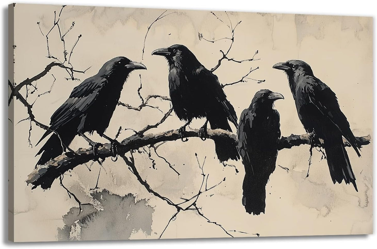 OAAPITI Birds Canvas Wall Art Black Couple Crow Picture Print Vintage Gothic Raven Artwork for Living Room Halloween Home Wall Decor(Artwork-9,24"x36")