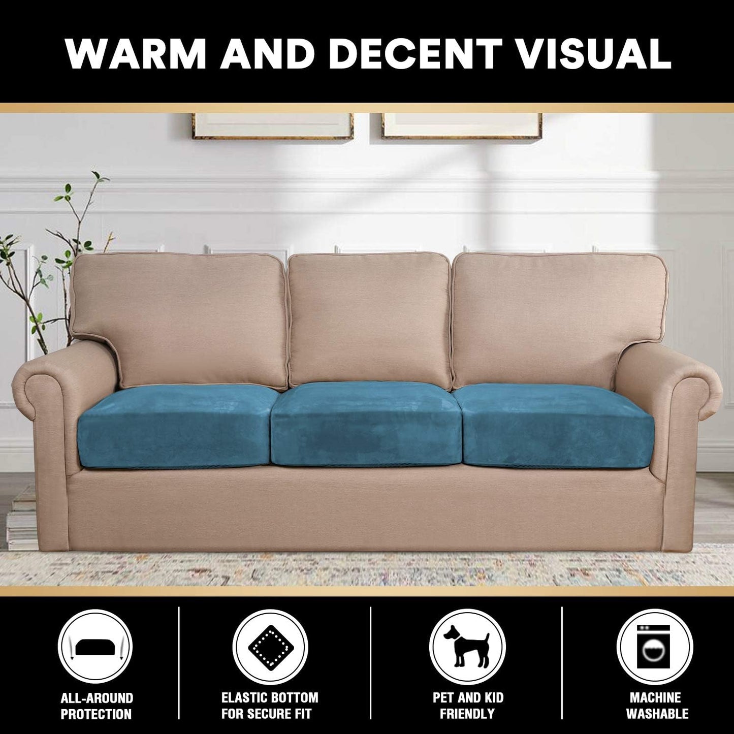 PrinceDeco Couch Cushion Covers, Stretch Washable Sofa Cushion Cover, Fitted Sofa Slipcover Velvet Fabric Non-Slip Furniture Protector for Dog,Pets, Kid (Each Width Up to 29.5", Blue)