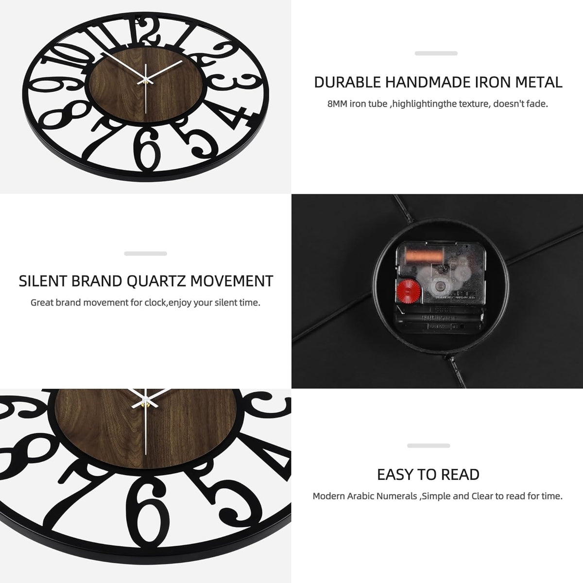Maxstar Large Round Wall Clock for Living Room Decor Battery Operated Non Ticking Black Metal Wood Clocks for Home Living Room Garden Farmhouse Office Kitchen Decoration -32 inch