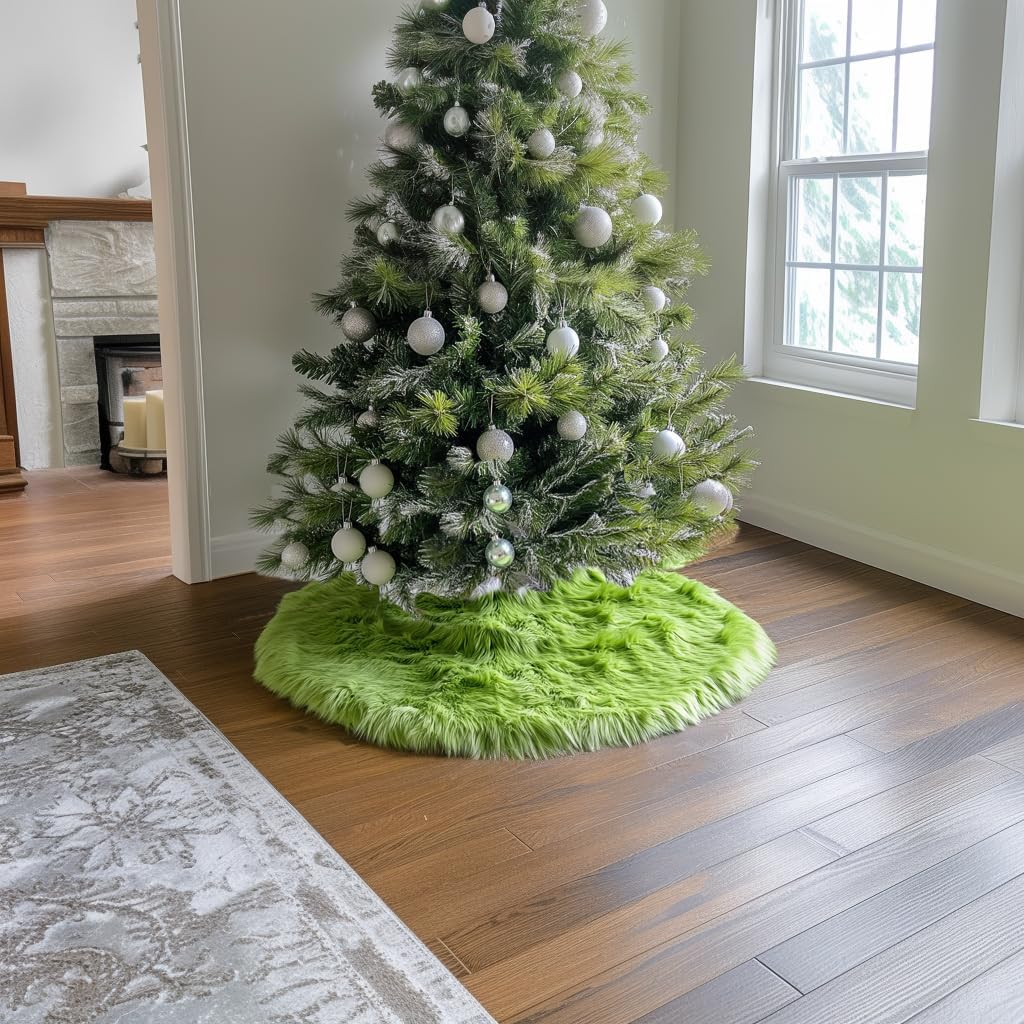 AISENO 48 Inch Green Christmas Tree Skirt Plush Decoration for Merry Christmas Party - Faux Fur Christmas Tree Skirt Decorations