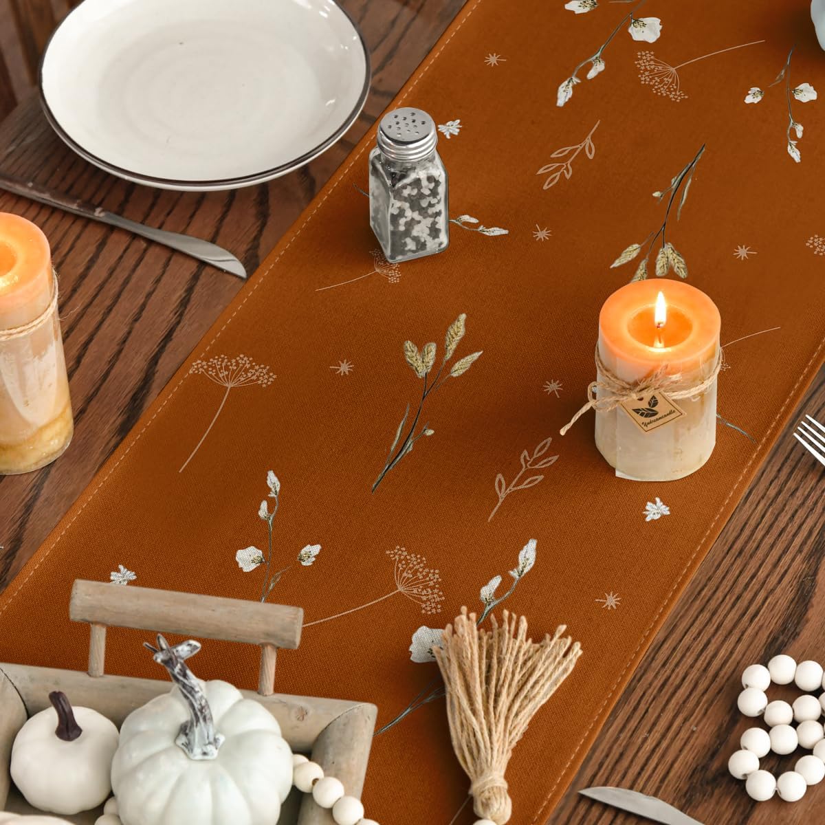 Artoid Mode Orange Pumpkins Leaves Flowers 210 GSM Fall Table Runner, Seasonal Autumn Kitchen Dining Table Decoration for Home Party Decor 13x48 Inch