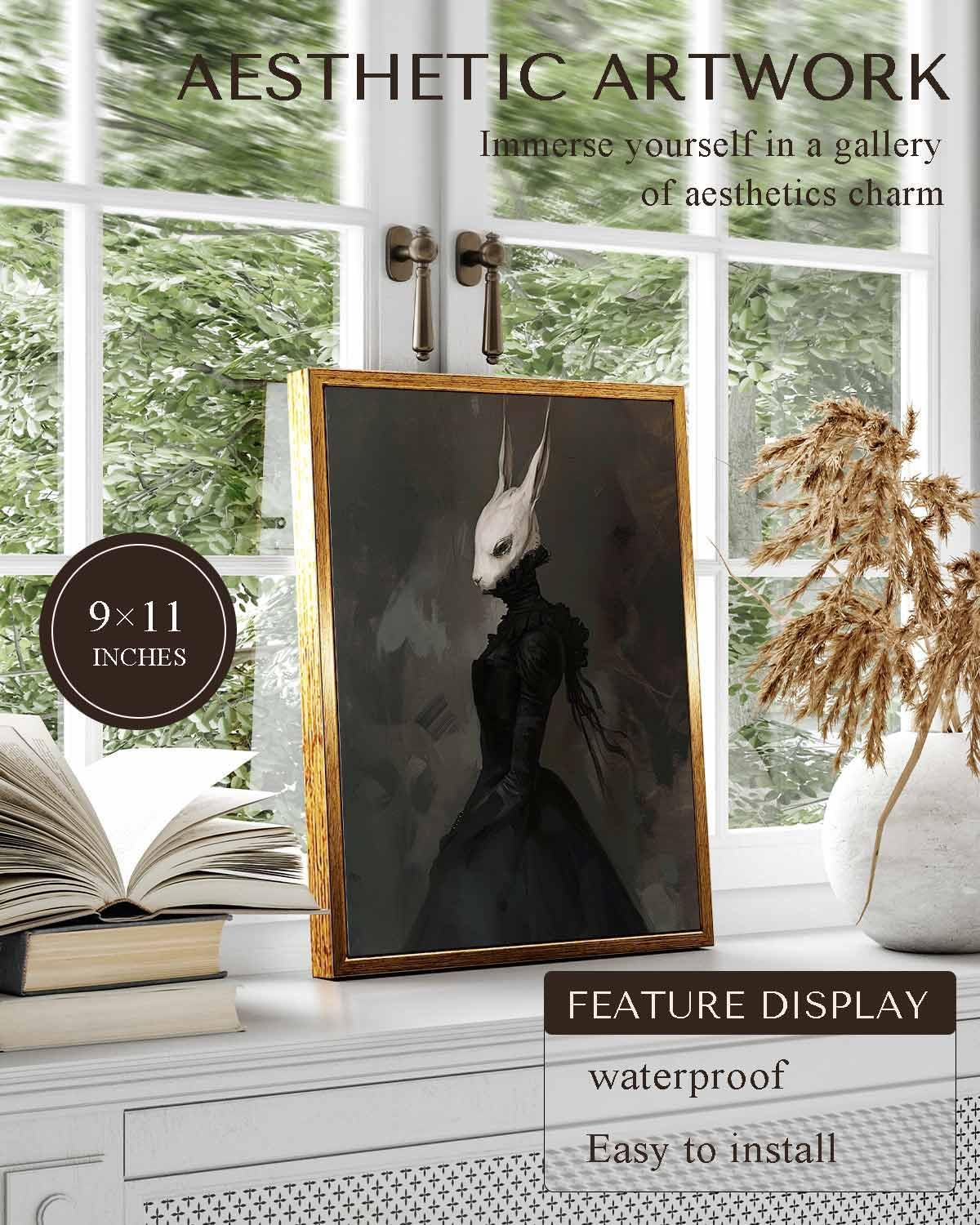 VIYYIEA Framed Canvas Wall Art Home Decor Gothic Room Decor Prints, Vintage Rabbit Lady Wall Decor, Aesthetic Dark Academia Halloween Wall Pictures Gold Framed Goth Artwork 9x11in