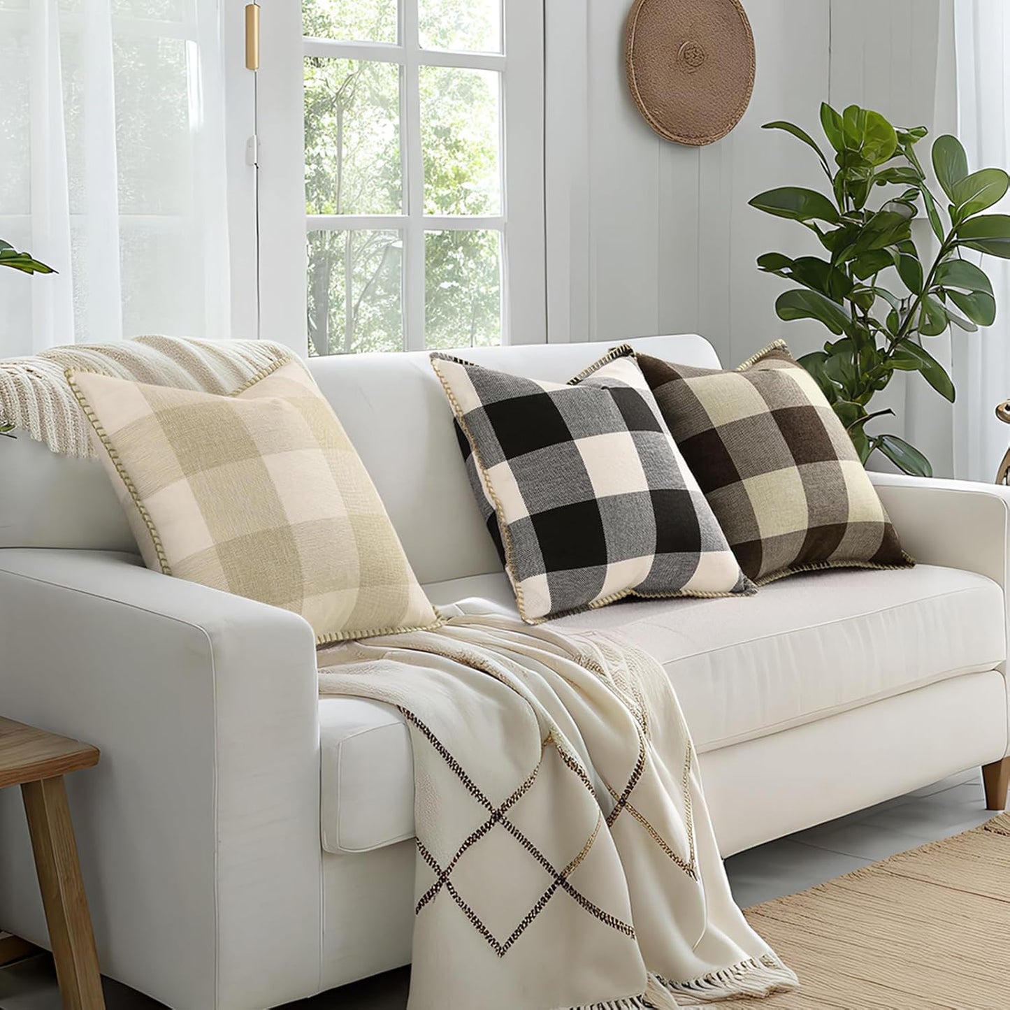 decorUhome Buffalo Plaid Check Throw Pillow Covers 20x20 Set of 2, Outdoor Decorative Farmhouse Neutral Pillow Covers with Stitched Edge for Bed Couch Sofa, Brown and Beige