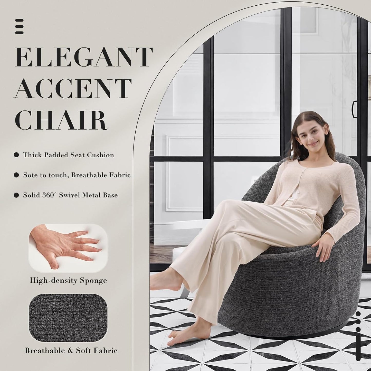 COLAMY Swivel Accent Chair, 360° Swivel Chair with Hidden Storage, Modern Small Barrel Swivel Armchair for Living Room/Bedroom, Darkgrey