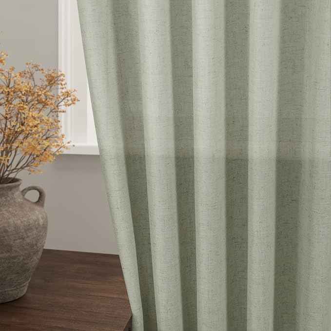 Sage Green Linen Curtains 63 Inches Length 2 Panels Set - Image 2