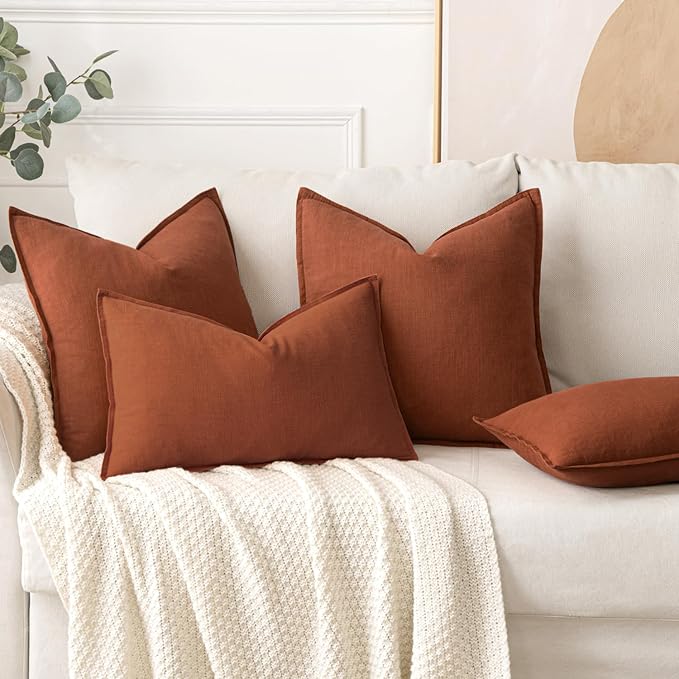 MIULEE Decorative Linen Pillow Covers 18x18 Inch Rust | Boho Farmhouse​ ​Fall - Image 4