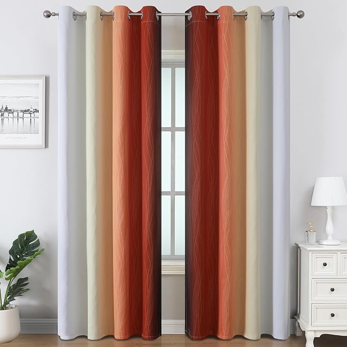Burnt Orange and Greyish White Ombre Blackout Curtains 52Wx108L Inch Long | - Image 2
