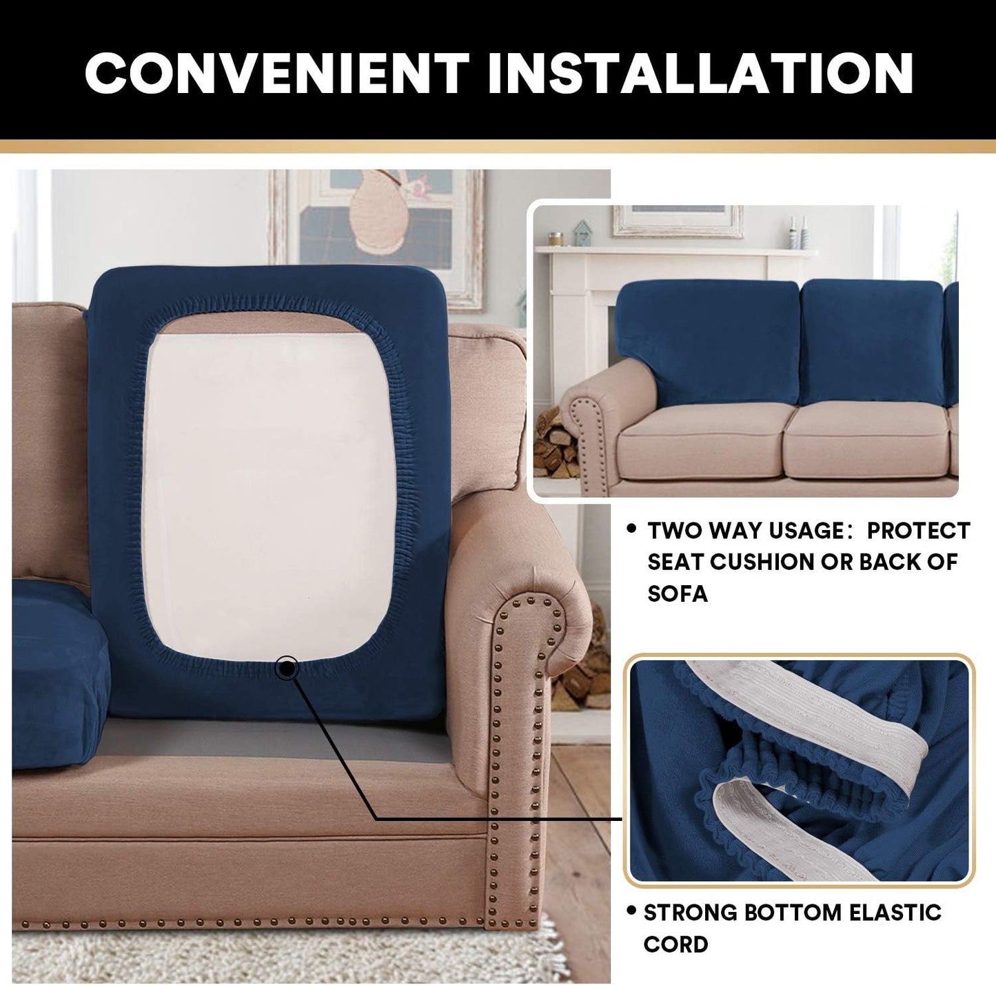 PrinceDeco Stretch Velvet Couch Cushion Cover,Soft Fitted Cushion Slipcover for Arm Chair Sofa Cushion Furniture Protector Seat Cushion Sofa Cover Width Up to 29.5", Navy