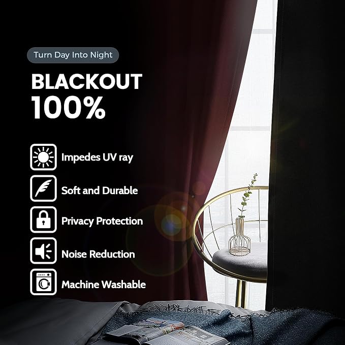 SimpleHome Wine red 100% Blackout Curtains Room Darkening Living Room 84L | - Image 3
