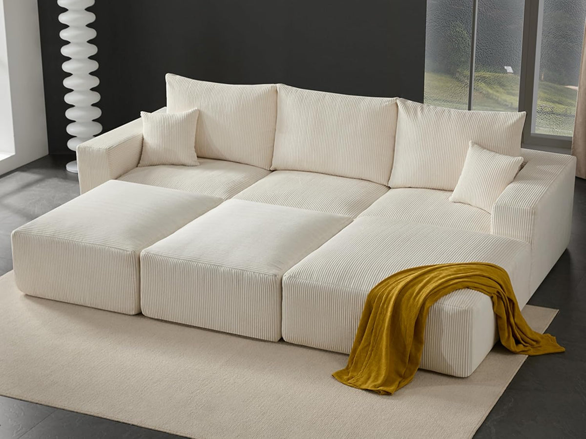 Boneless Sectional Cloud Couch Sofa Bed for Living Room, 112" Modular Modern Lounge 3 Seater Sleeper Beige Couches with Chaise, No Assemble, Cordury Compression Upholstered Sofas